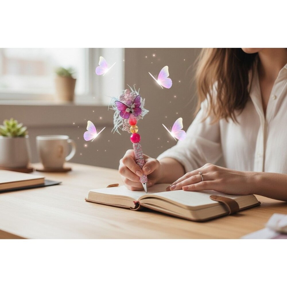 Handcrafted Butterfly-Themed Decorative Ballpoint Pen With Rhinestones & Beaded
